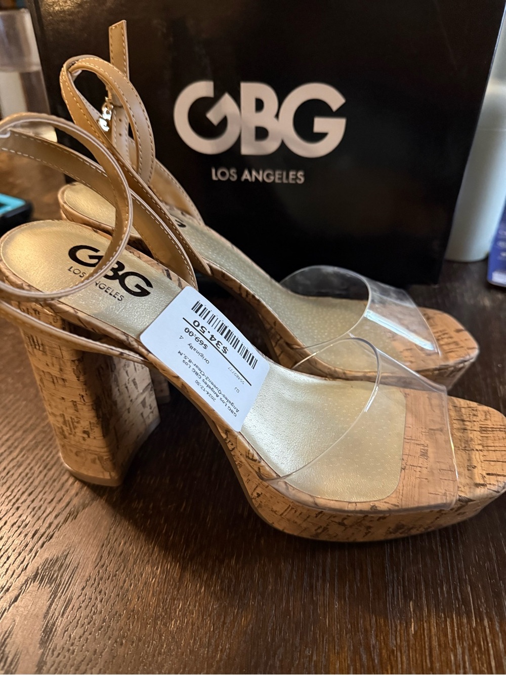 GBG Los Angeles Clear Strap Cork Platform Sandals - Tan Straps